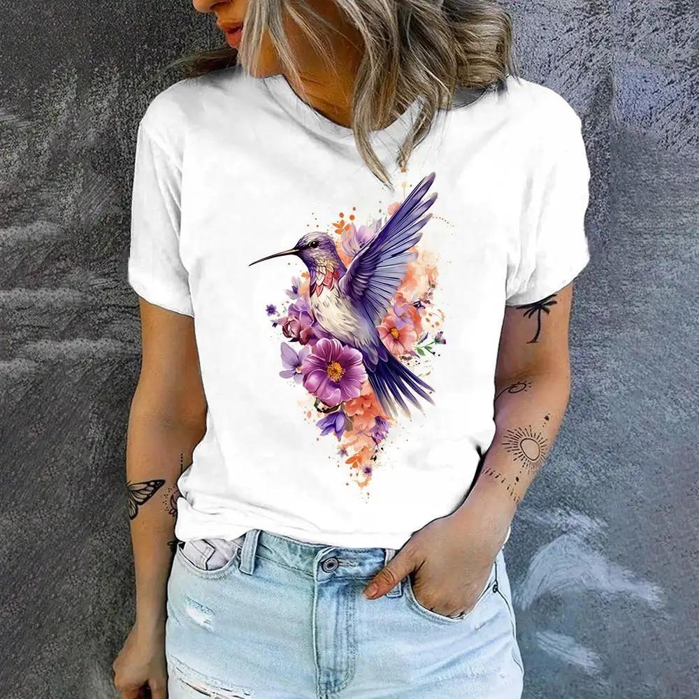 Summer Women's T-shirt Bird Print Casual Short Sleeved 3D T-shirt Fashionable Street Wear Round Neck Pullover for Women's Oversized Clothing