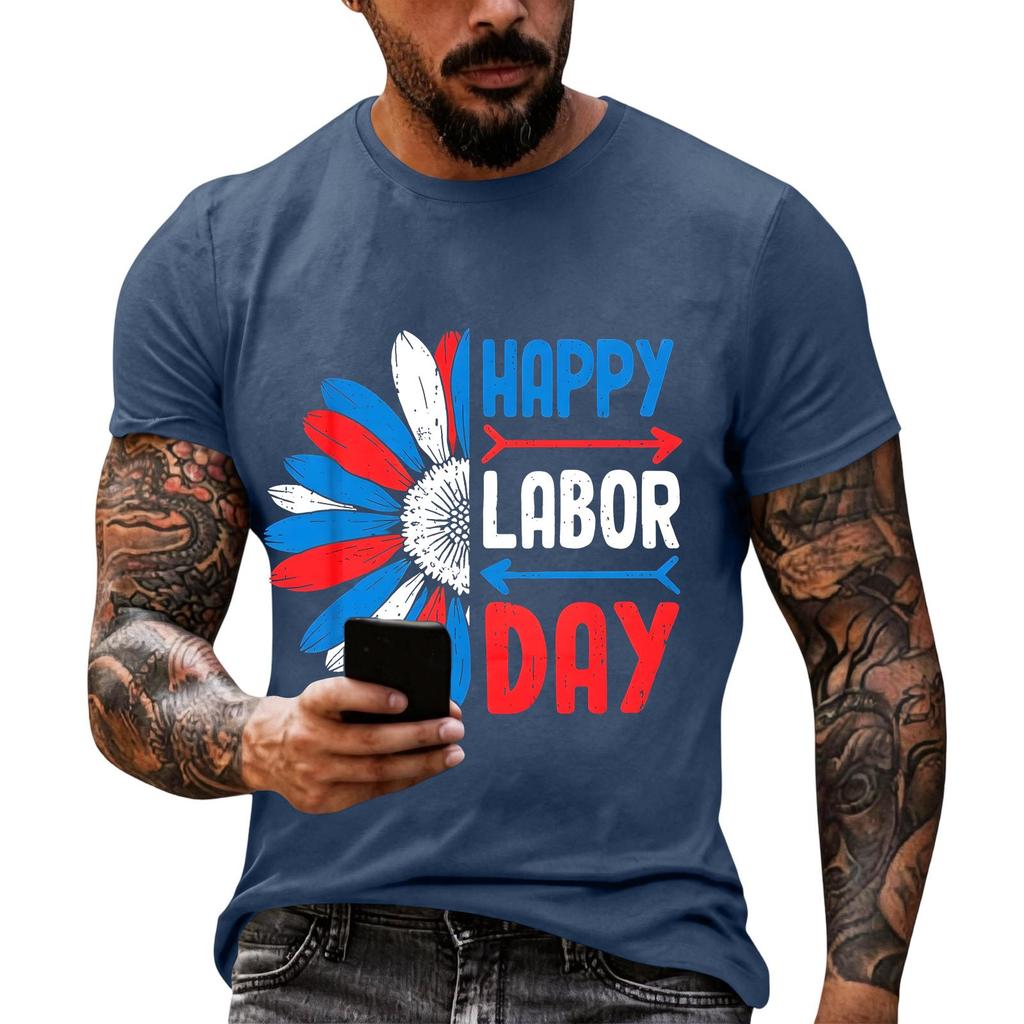 Men's Casual Loose Fit Short Sleeve T-Shirt Crew Neck Printed Graphic Tee for Labor Day Celebration Comfortable Everyday Wear