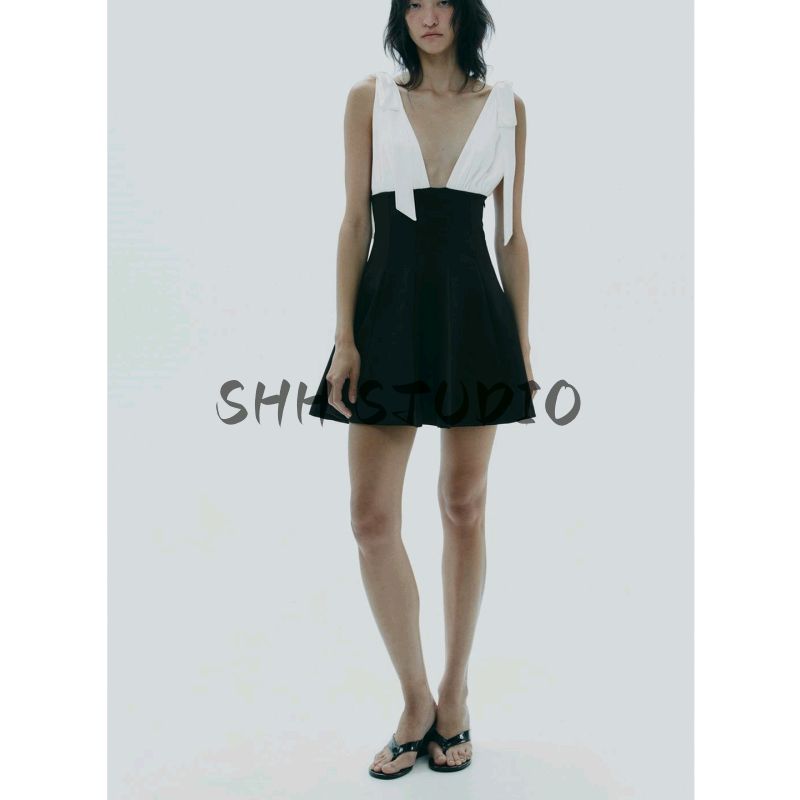 Summer New Women Clothes French Style Sexy Style V-neck Sleeveless Bowknot Decoration Patchwork Short Dress 8171777