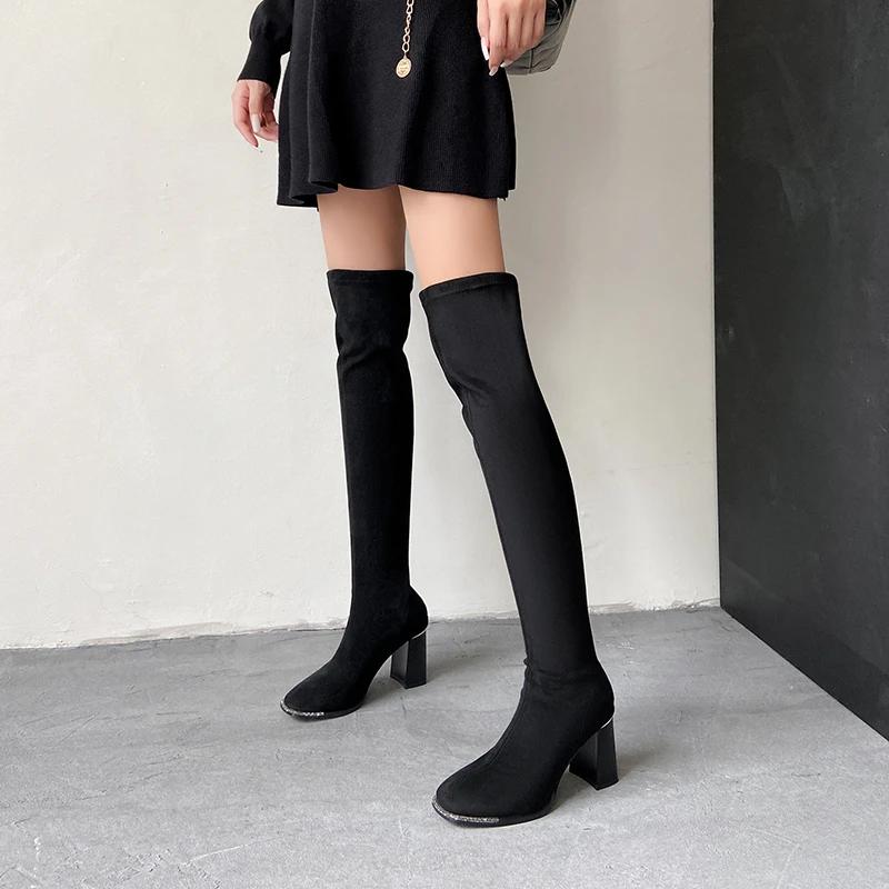 Fashion Square Toe Women Slim Long Boots Fashion Over The Knee High Booties Concise Square High Heels Shoes