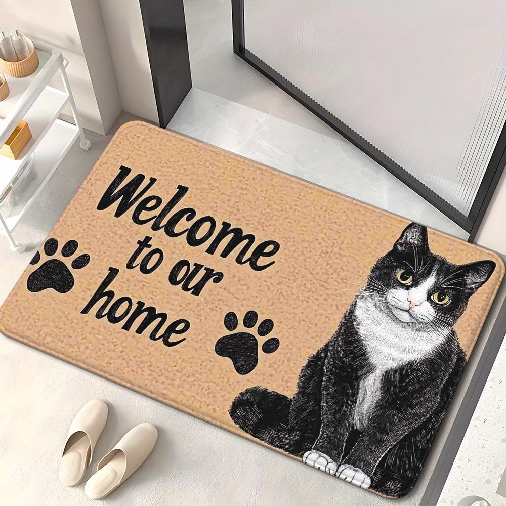 

Cat Welcome doormat-black and white cat with paw print, absorbent, non-slip and machine washable entrance or home decor 60cm x 90cm