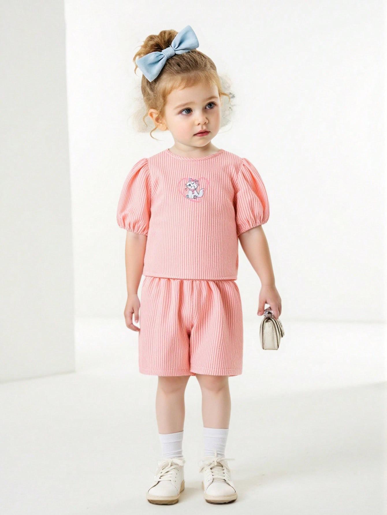 

Girls Summer Outfits Casual Puff Sleeve Set T Shirt and Short Pant 2 Piece Clothing Sets 4Y розовый