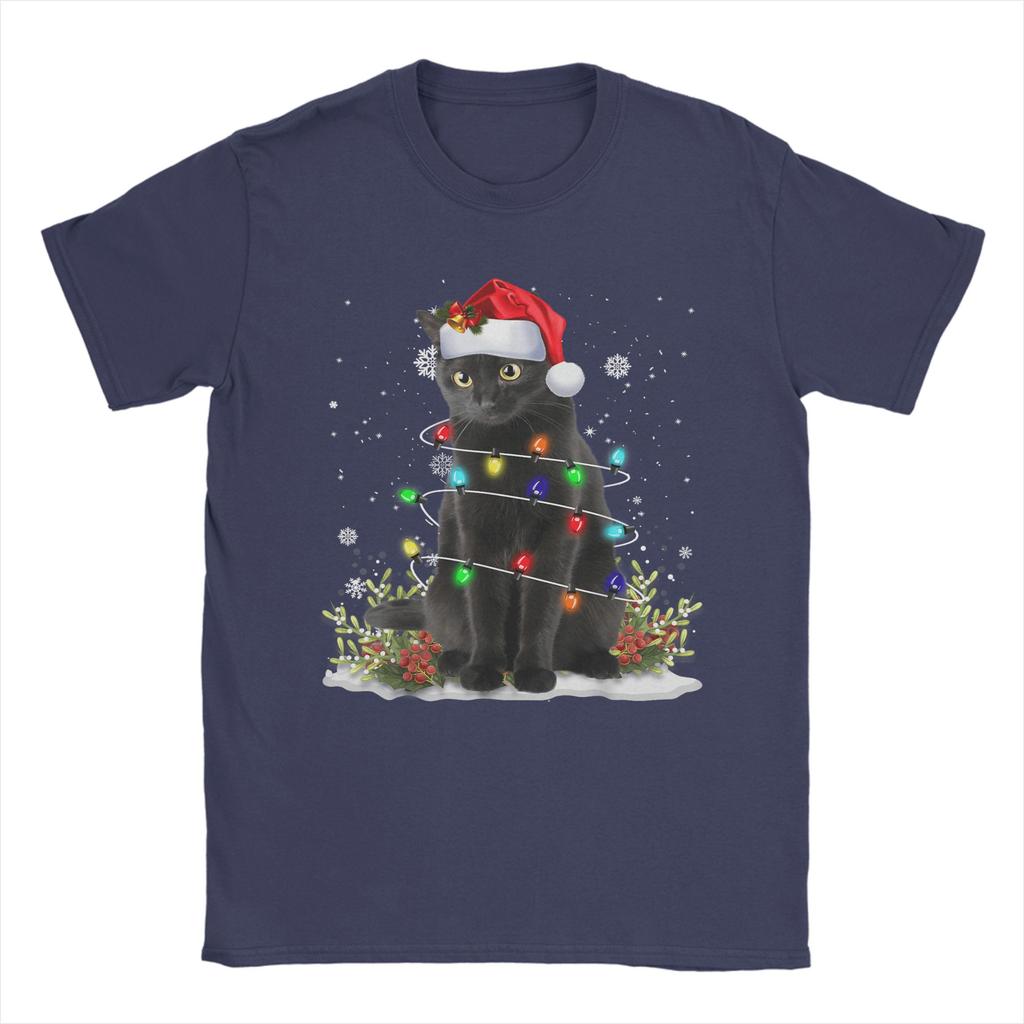Men's Black Cat Christmas Santa Hat Funny Meowy Cats T-Shirts Clothing Beach Short-Sleeve T-Shirt O Neck Harajuku Tee Shirt