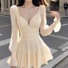 Plus-Size Sexy Long-Sleeve Bubble Pleated Short Dress for Women