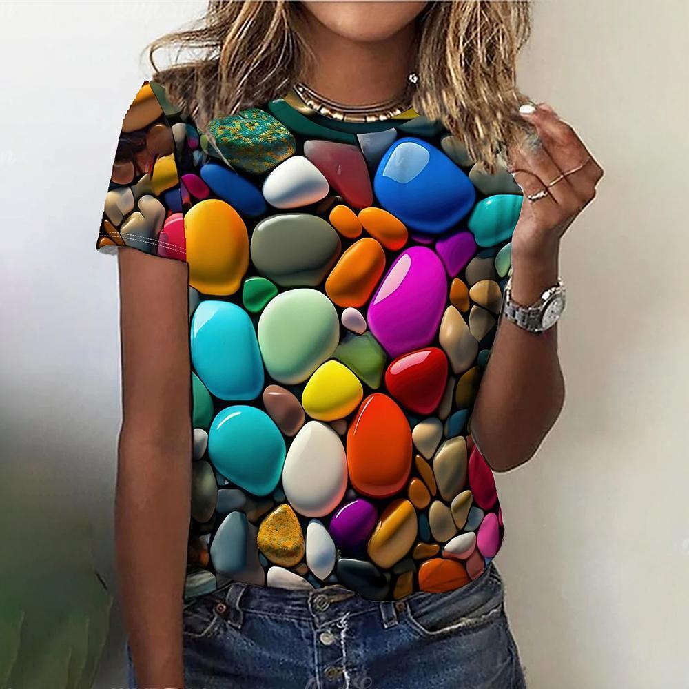 3d Colorful Stones Print Tshirt For Women Summer Fashion Casual Loose T Shirt Oversized Short Sleeve O-Neck Tops Design Clothing