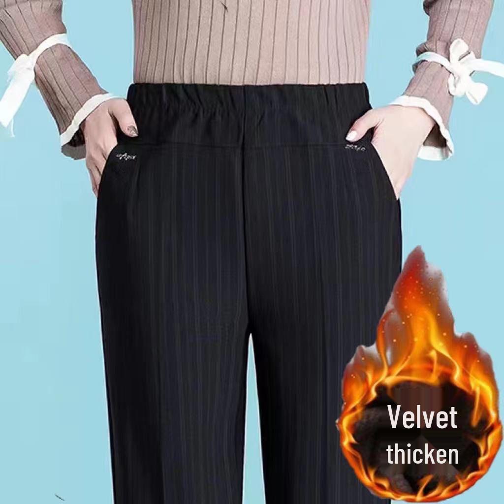 Velvet-Lined High-Waisted Straight Leg Pants for Middle-Aged & Elderly Women - Spring & Autumn Winter Wear