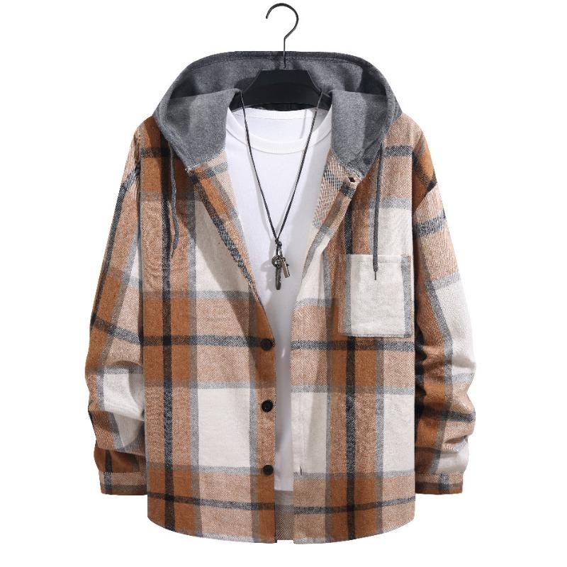Men S Casual Loose Long Sleeve Hooded Plaid Flannel Shirt Jacket