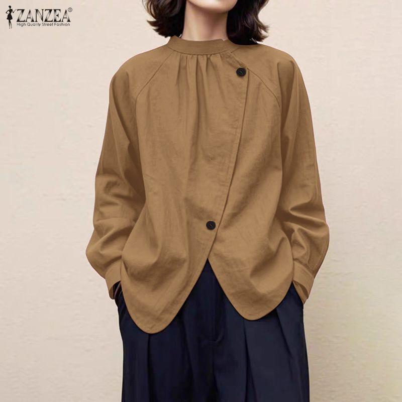 ZANZEA Lässige Bluse mit Stehkragen und einfarbigen Langarmshirts für Damen