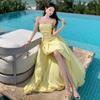 Super Fairy Island Vacation Dress On the Run Princess Dopamine Beautiful Yellow Tube Top Temperament Waist Pendulum Dress Long Dress