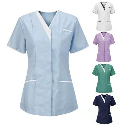 Nurse Uniform Scrubs Tops Women V-neck Short Sleeve Pockets Overalls Unims