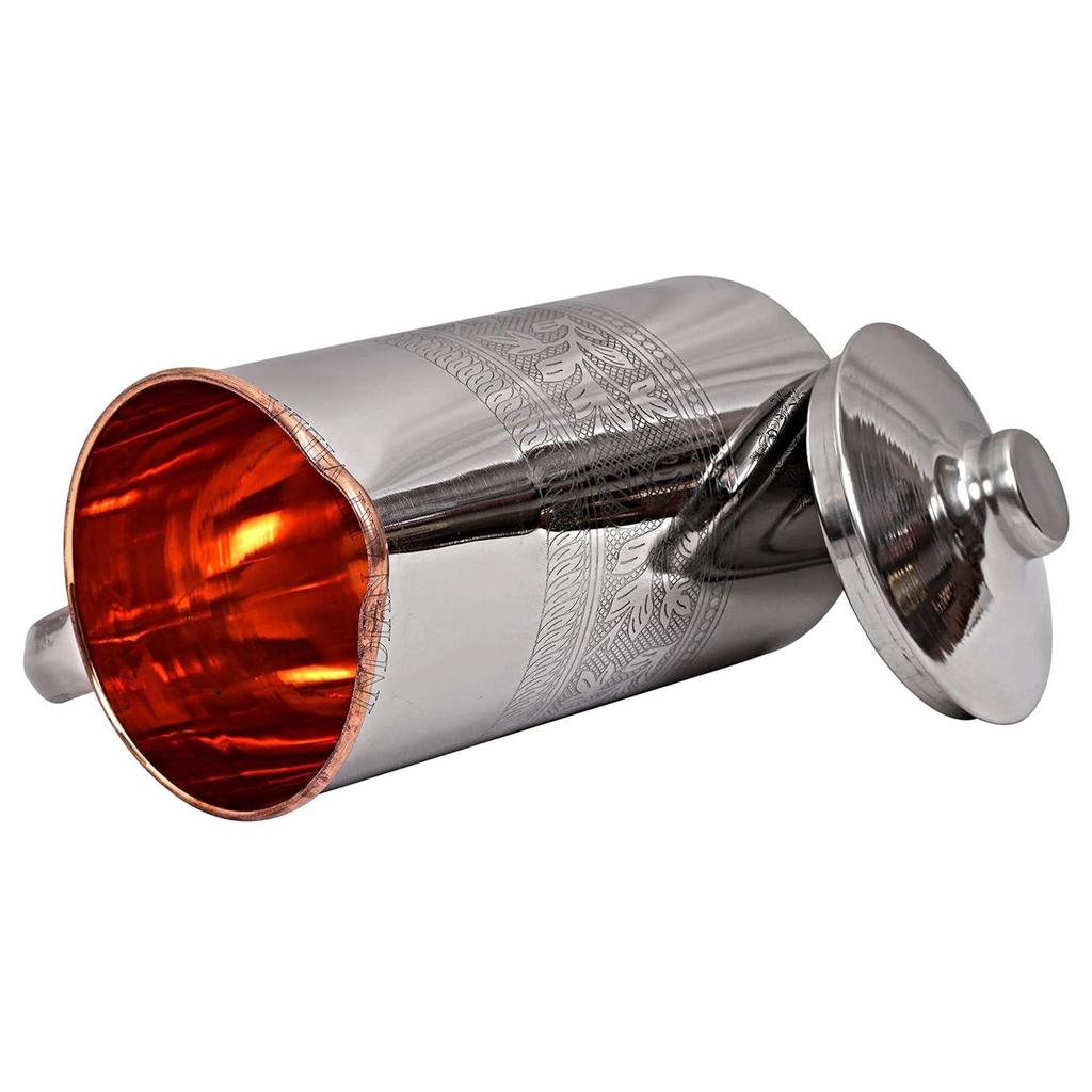 Steel Copper Drinkware Gift Set of Embossed Design 1 Jug & 6 Glass with Black Gift Box