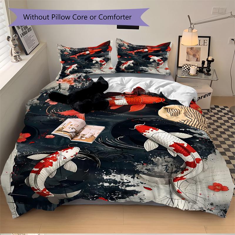 3pcs Koi Fish Sakura Blossom Duvet Cover Set, Cover For Bedroom Guest Room (1 Duvet Cover + 2 Pillowcase, Without Quilt),  Yy250922168