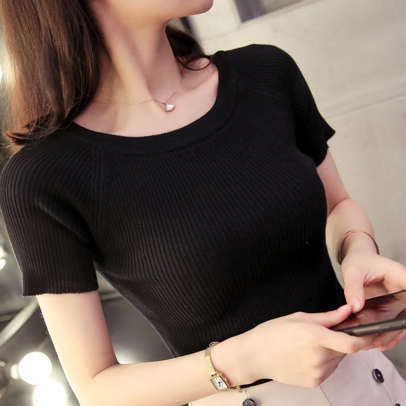 Women's Slim Fit Round Neck Short Sleeve Summer Knit T-Shirt - Solid Color