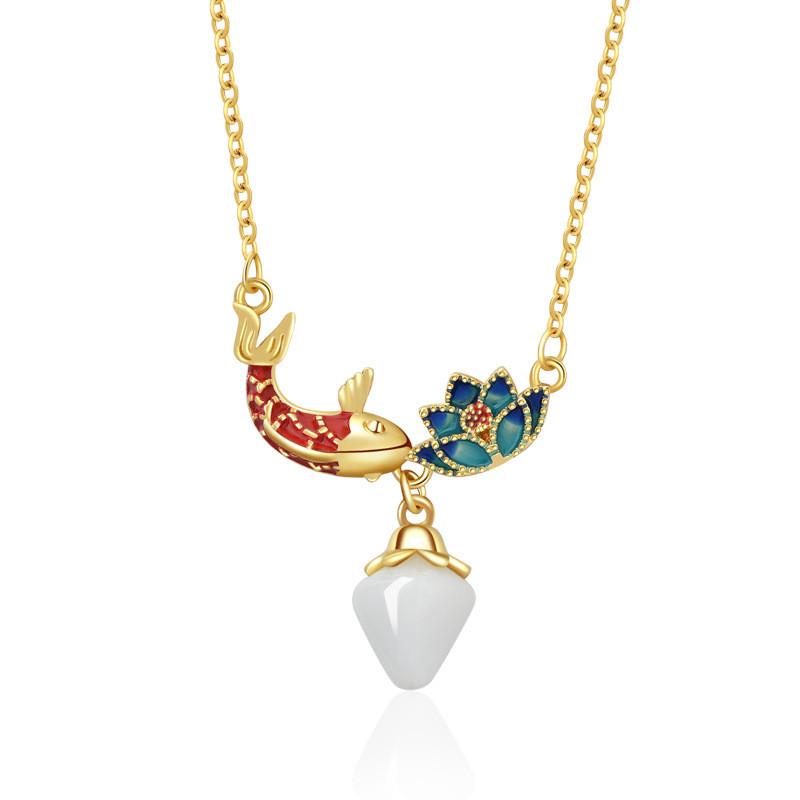 Floral Design Exquisite Koi Lotus Pendant Necklace For Women In Gold And Colors Silver