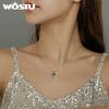 WOSTU 925 Silver Moon & Cat Star Necklace Blue Enamel Long Chain Link Necklace For Women Fashion Jewelry CQN422