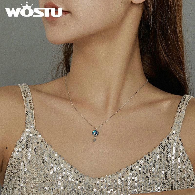 WOSTU 925 Silver Moon & Cat Star Necklace Blue Enamel Long Chain Link Necklace For Women Fashion Jewelry CQN422