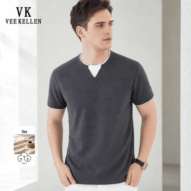 VEE KELLEN Men s Faux Two-Piece Linen Cotton Blend Short Sleeve T-Shirt M