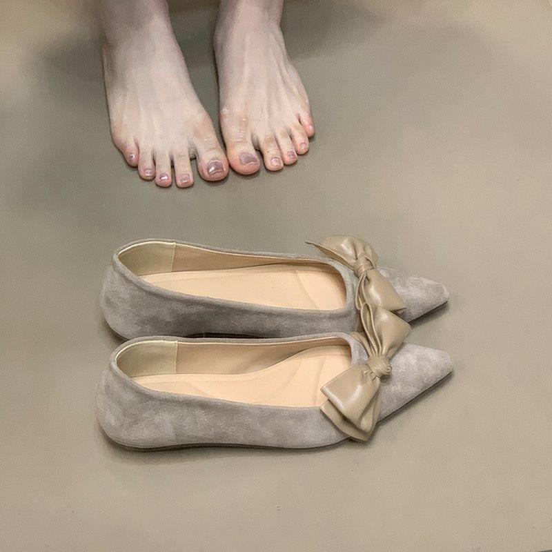 Fashion Low Heeled Single Shoes Autumn New Pointed Toe Suede Bow Soft Sole Soft Side Non-Slip Low Top Shoes