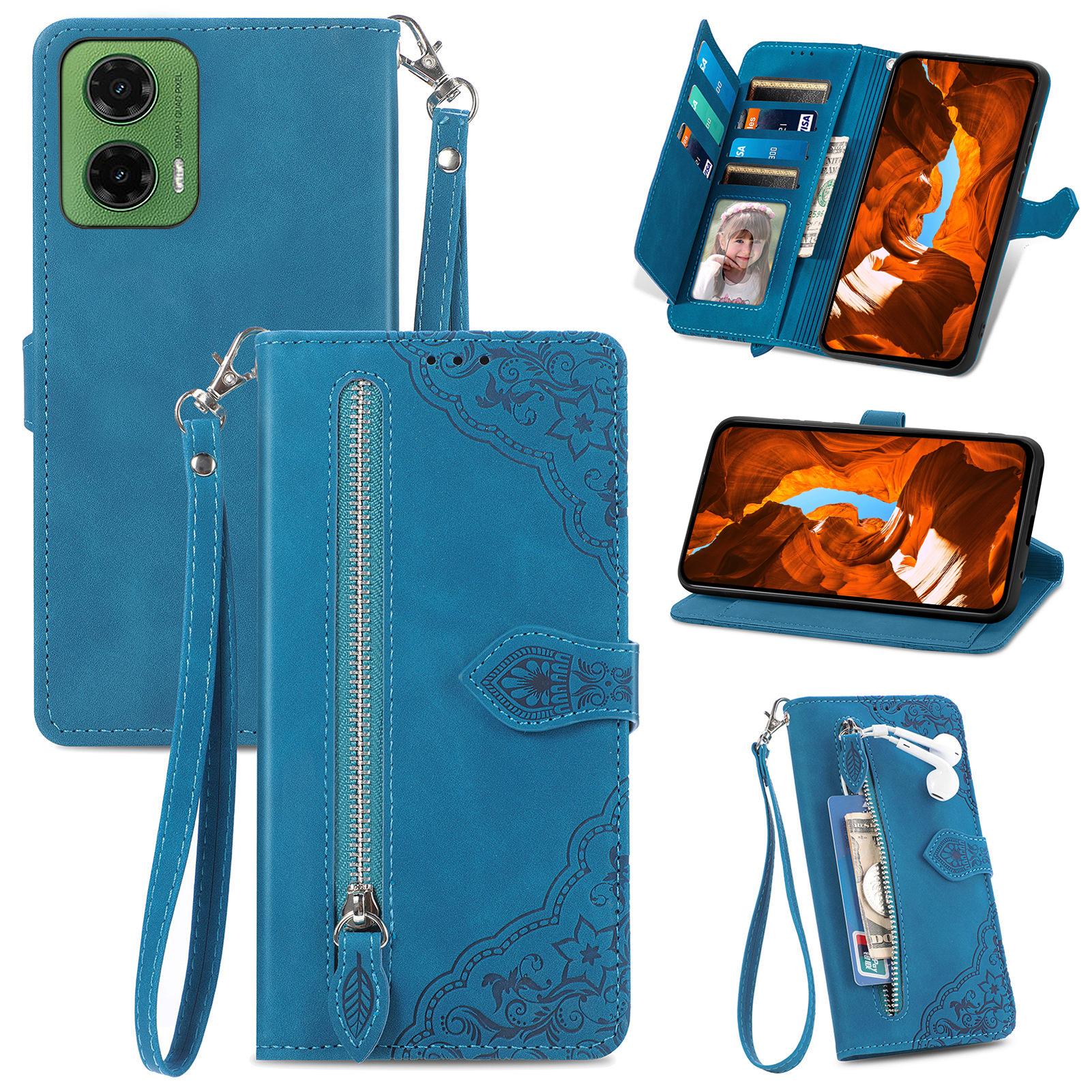 

Для Motorola Moto G35 5G Чохол на блискавці Гаманець PU шкіра Flower Imprint Phone Cover Blue