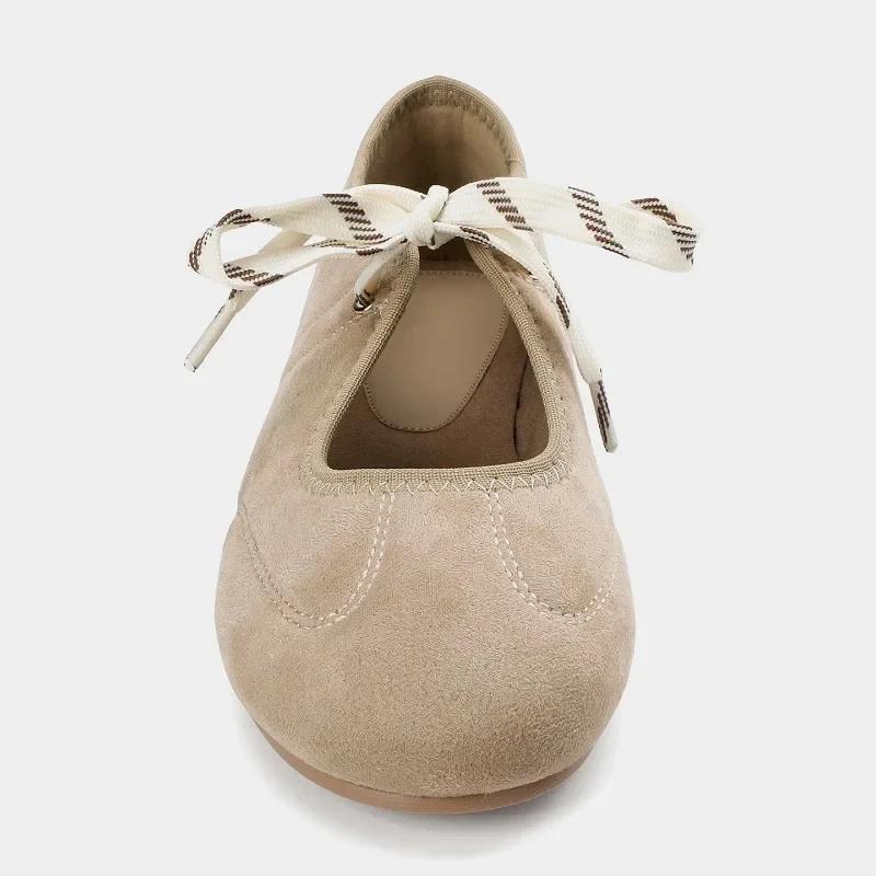 Fashion Round Toe Ballet Flats Women Lace-up Faux Suede Shallow Concise Soft Sole Mary Jane Shoes Women Casual Brand Shoes