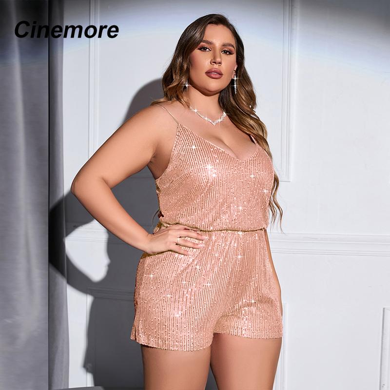 Cinemore Chic and Elegant Women Jumpsuit Plus Size Elastic Belted Shorts Pants V Neck Sexy Sequin Romper Cami Dresses for Prom