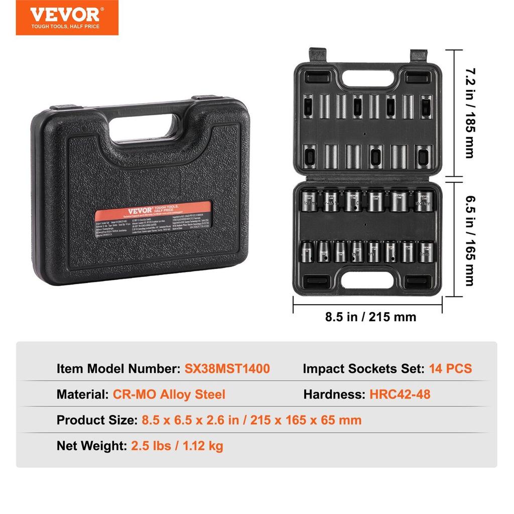 Impact Sockets Set 14pcs 6-Point 3/8in Drive Bit Ratchet Tool Kit Case