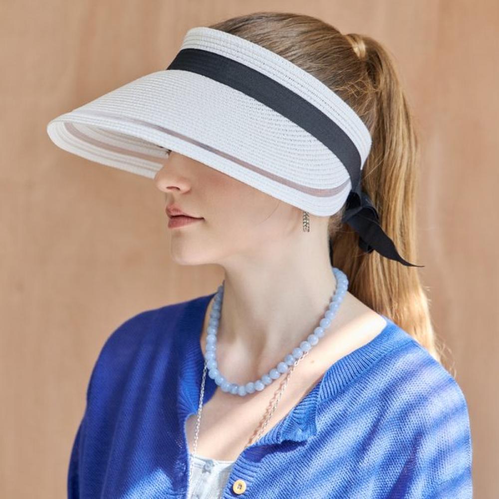 Maxza Color Block Ribbon Strap Wide Sun Cap white