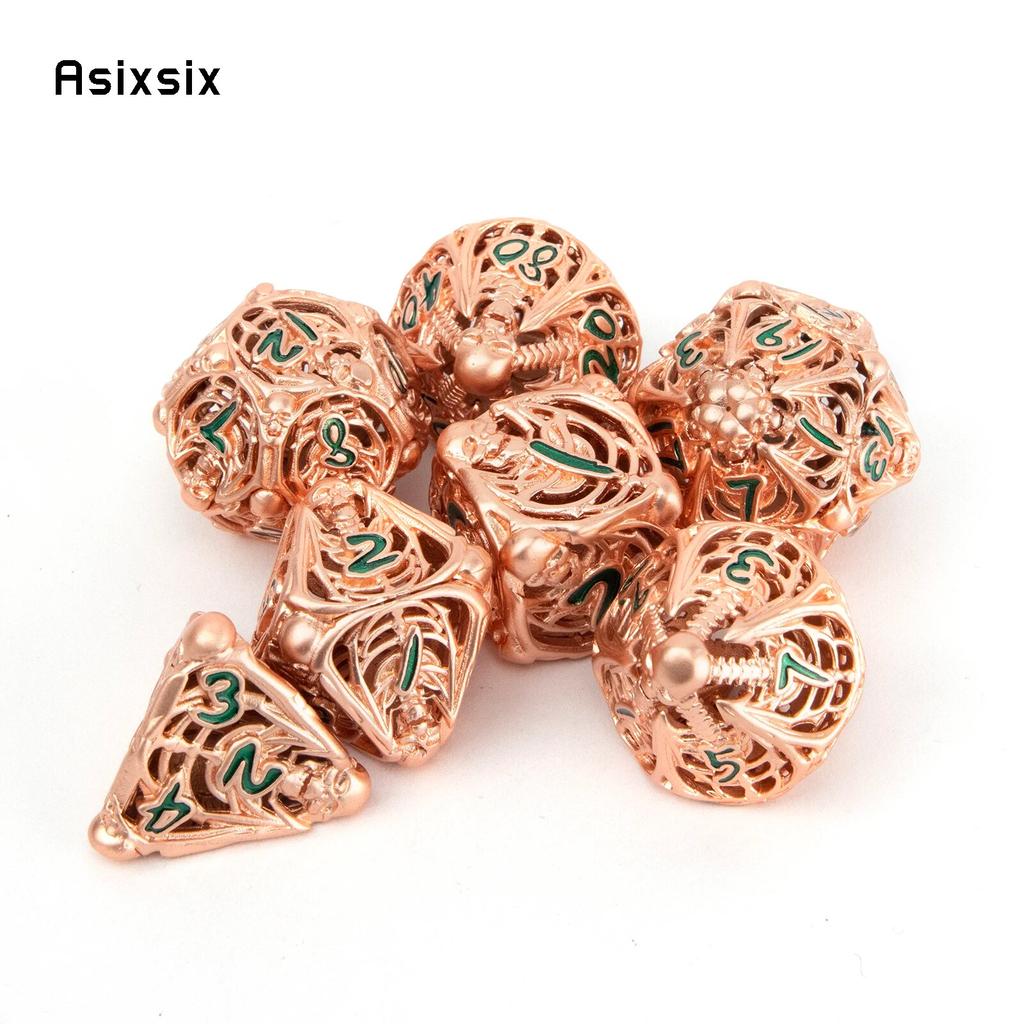 7 Pcs Golden Green Skull Metal Dice Hollow Metal Polyhedral Dice Set Suitable for Role-Playing RPG  Board Game Card Game