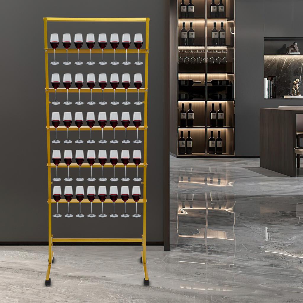 5-Tier Gold Steel Champagne Wine Glass Holder, Rotatable Swivel Casters Stable Flutes Display Stand, Party Glass Storage Rack