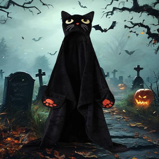 Halloween Brukbar Hettegenserteppe for Voksne Myk Flanell Hettekappe med Lomme Gresskar Svart Katt Cosplay Kostyme for Halloween-fester
