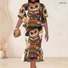 Women Plus Size Round Neck Batwing Sleeve Ruffle Hem Top Fishtail Skirt Halloween Printed Two Piece Set