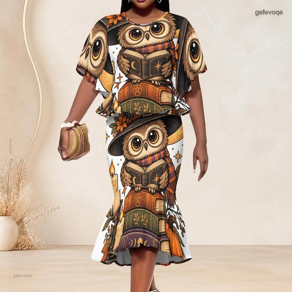 Women Plus Size Round Neck Batwing Sleeve Ruffle Hem Top Fishtail Skirt Halloween Printed Two Piece Set