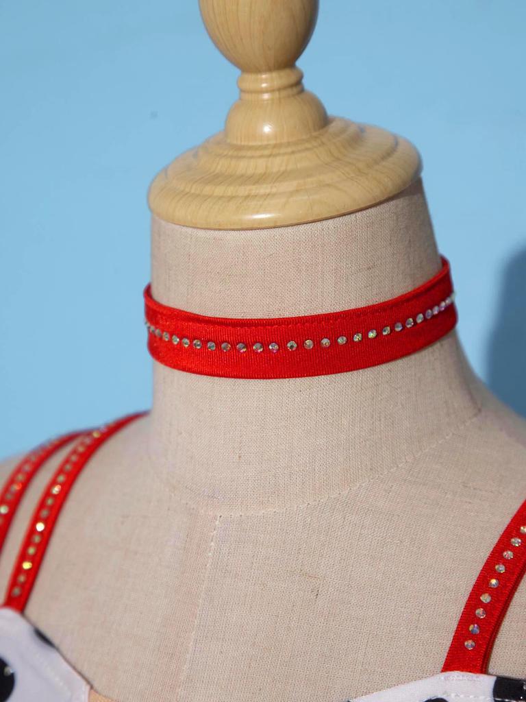 Costume de Dalmatien pour Filles Manches Courtes Double Bretelles Découpe à la Taille Maillot de Bain Scintillant Strass avec Collier pour Spectacle de Danse