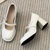 Spring Chunky Single Shoes Women Round Head Shallow Mouth Butterfly Knot Bead Anti-slip Wear-resistant High Heels