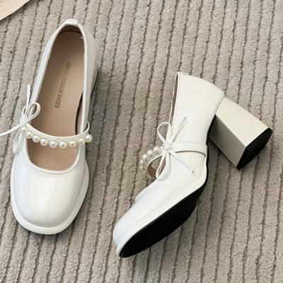 Chaussures Simples Chunky Printemps Femmes Bout Rond Ouverture Peu Profonde Nœud Papillon Perles Antidérapantes Résistantes à l'Usure Talons Hauts