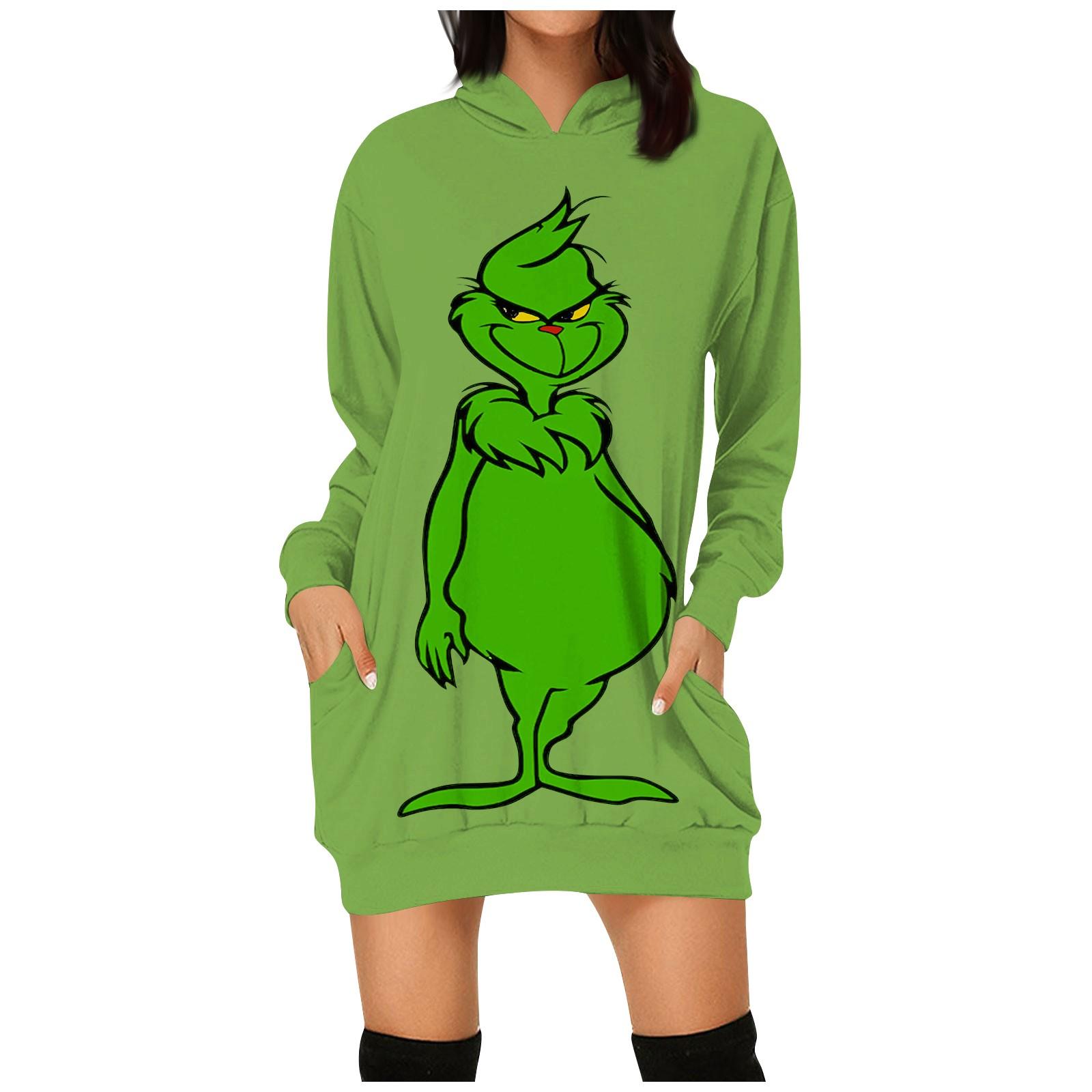 

Women s Fashion Christmas Printed Pockets Long Sleeve Hoodies Pullover Dress XL армия зеленый