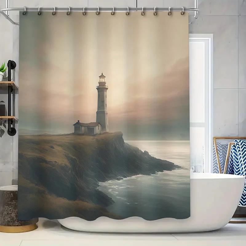 

Modern Style Lighthouse Print Shower Curtain Perfect For Your Bathroom Decor 3D Printed Waterproof Bath Rug Sets Taps Coverings, W60H190(CM)-1 Pcs