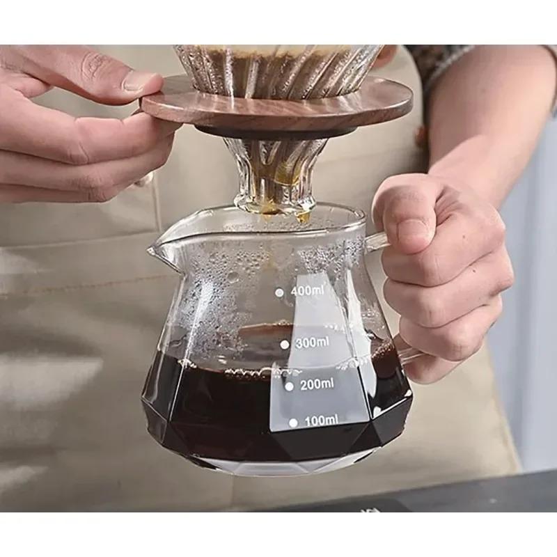 Pour-over Coffee Kettle ,Glass Carafe with Lid Walnut Handle Filter,Drip Coffee Maker Pot for Home Café Restaurant Camping
