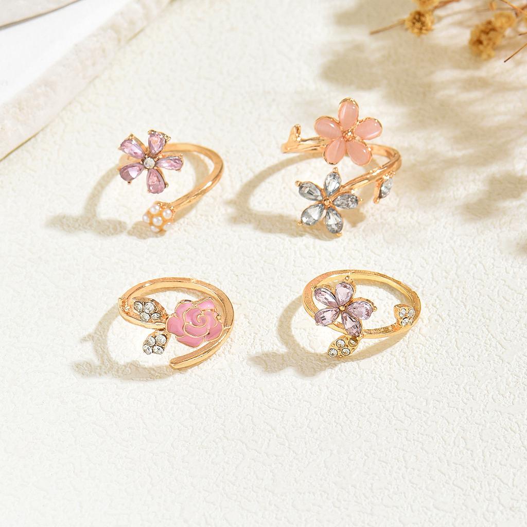 4Pcs Romantic Flower Ring Set Rose Enamel Crystal Imitation Pearl Open Stackable Rings For Women Spring/Summer Party Daily Wear