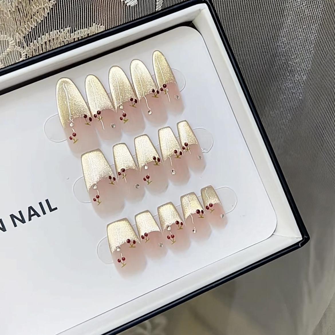 

Чистый ручной работы фототерапевтический нейл-арт маленькая вишня носить ногти готовые кошачий глаз наклейки для нейл-арта показать белизну и темперамент Medium m