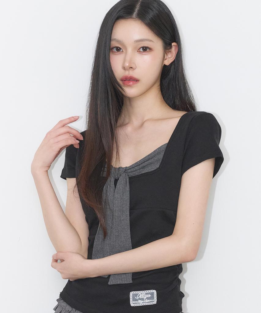ILLIGO Layered Ribbon Tie T-Shirt Black