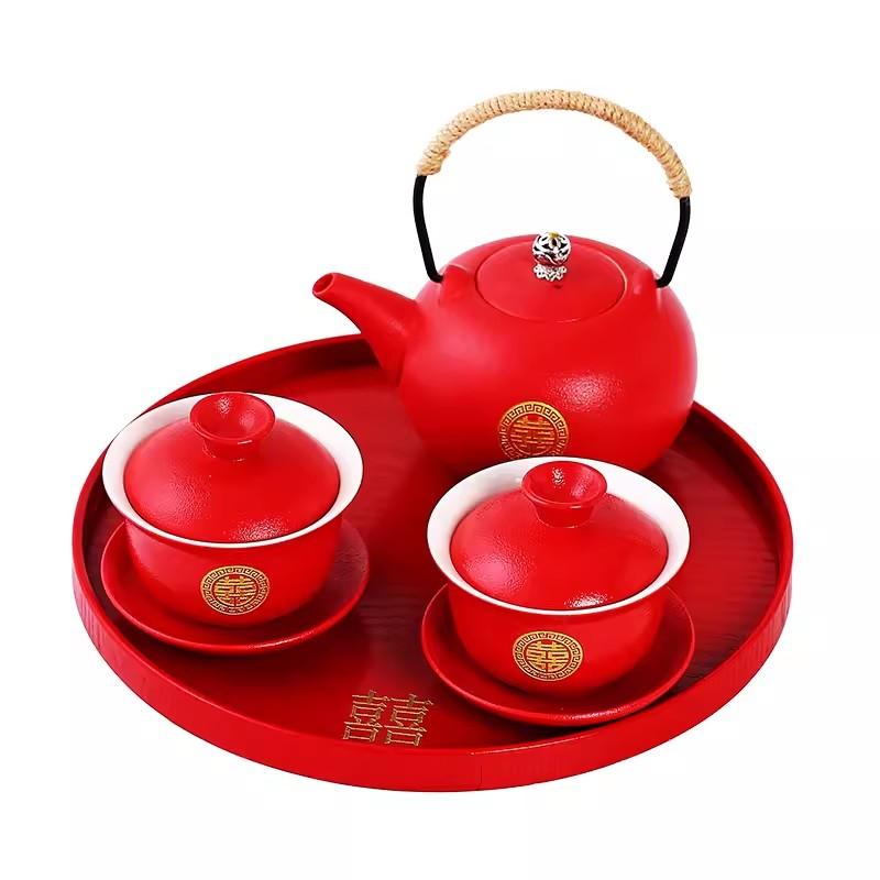 Red Tea Set Cover Bowl Set, One Pot, New Couple's Wedding Change of Mouth, Tea Cup, Chinese Wedding Celebration