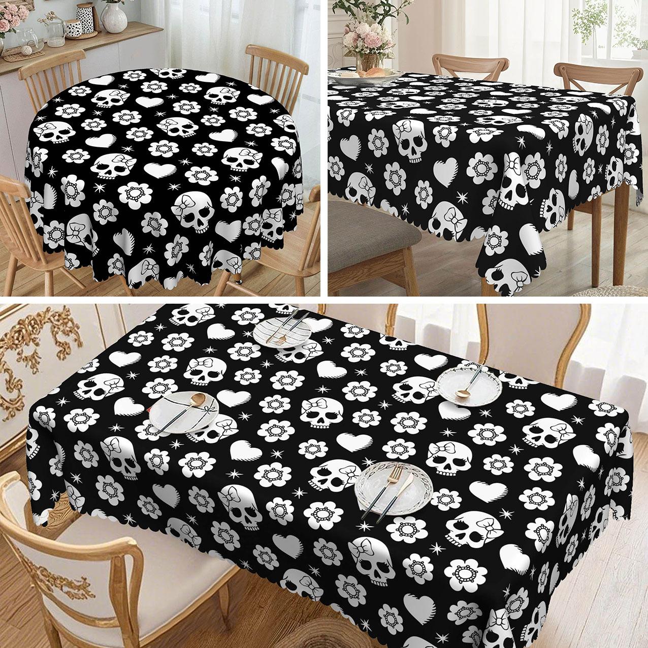 

1 White Skull And Flower Heart Black Tablecloth, 60X60 Round/Rectangular, Suitable For Dining Tables Round tablecloth-152x152cm