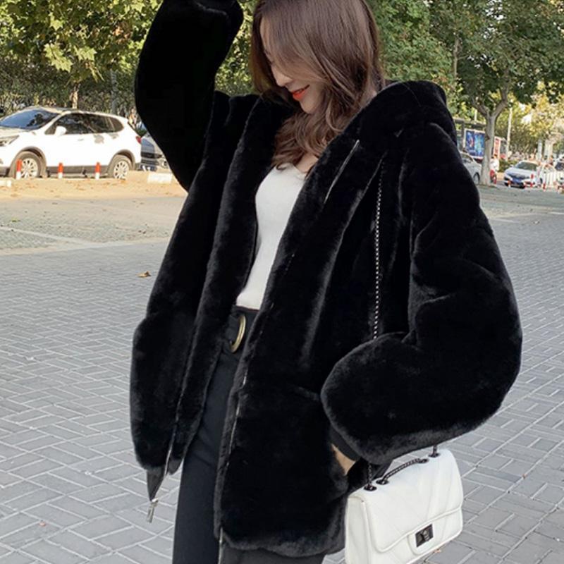 New imitation rabbit fur jacket women's winter plush top cocoon-shaped thickened hooded long