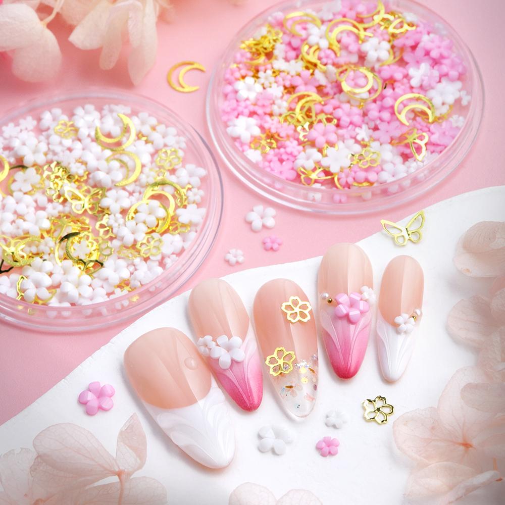 1box Luxury Pink White 3D Mini Acrylic Flower Rivet Nail Art Charms Mixed Metal Flower Butterfly Nails Decoration Accessories