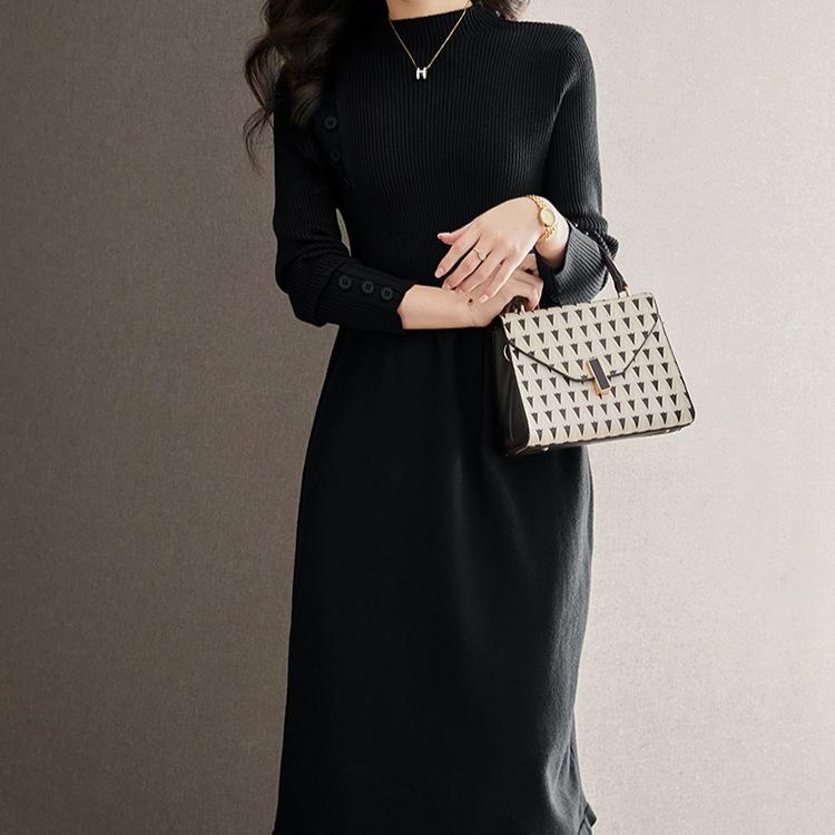 Taillenbetonendes Strickkleid für Damen Einfarbig Lässig Midilang Pullover A-Linien-Pulloverkleid für Herbst und Winter