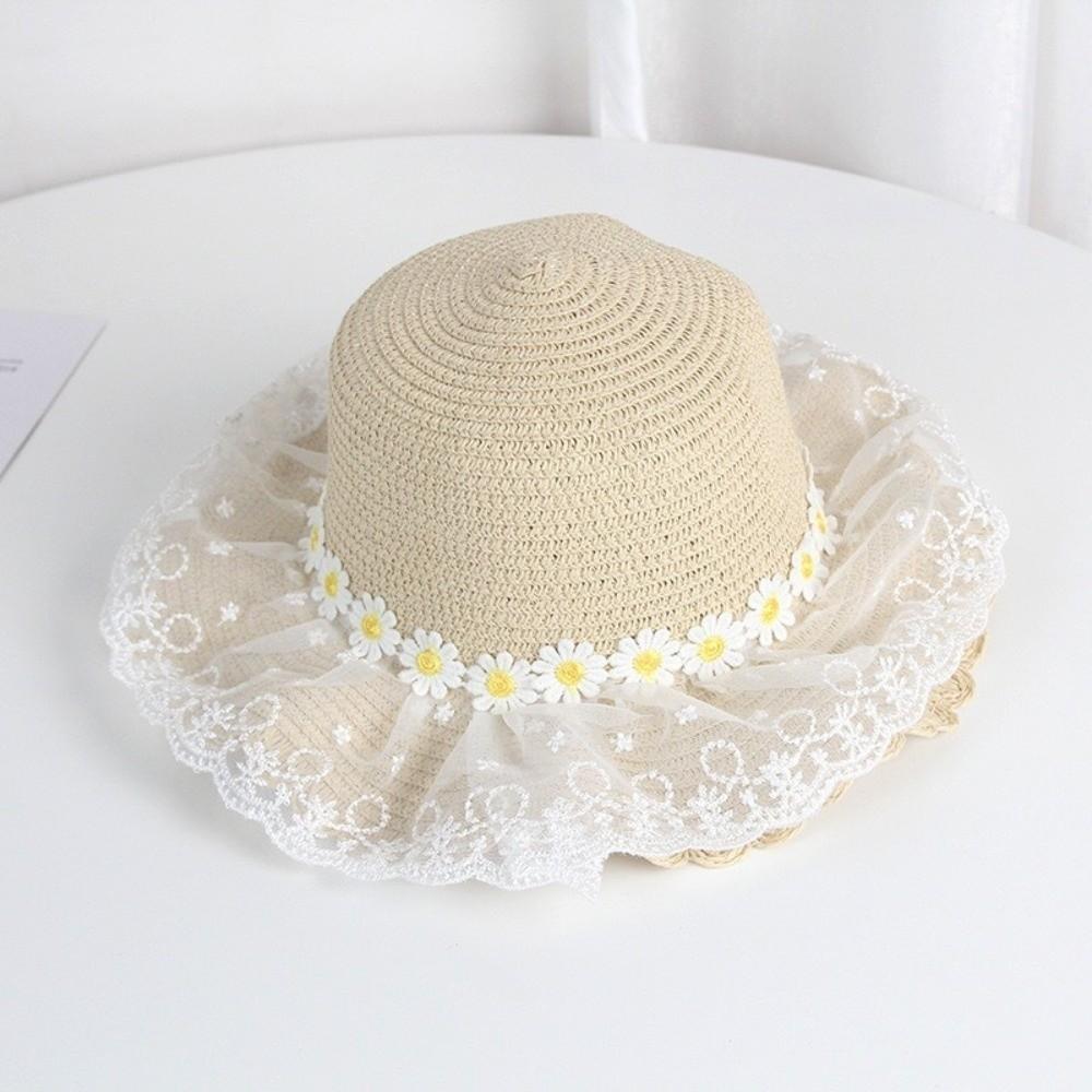 Wide Brim Straw Bag Cap Set Lace Sun Hat Sweet Fisherman Hat for 2-8 Years Kids
