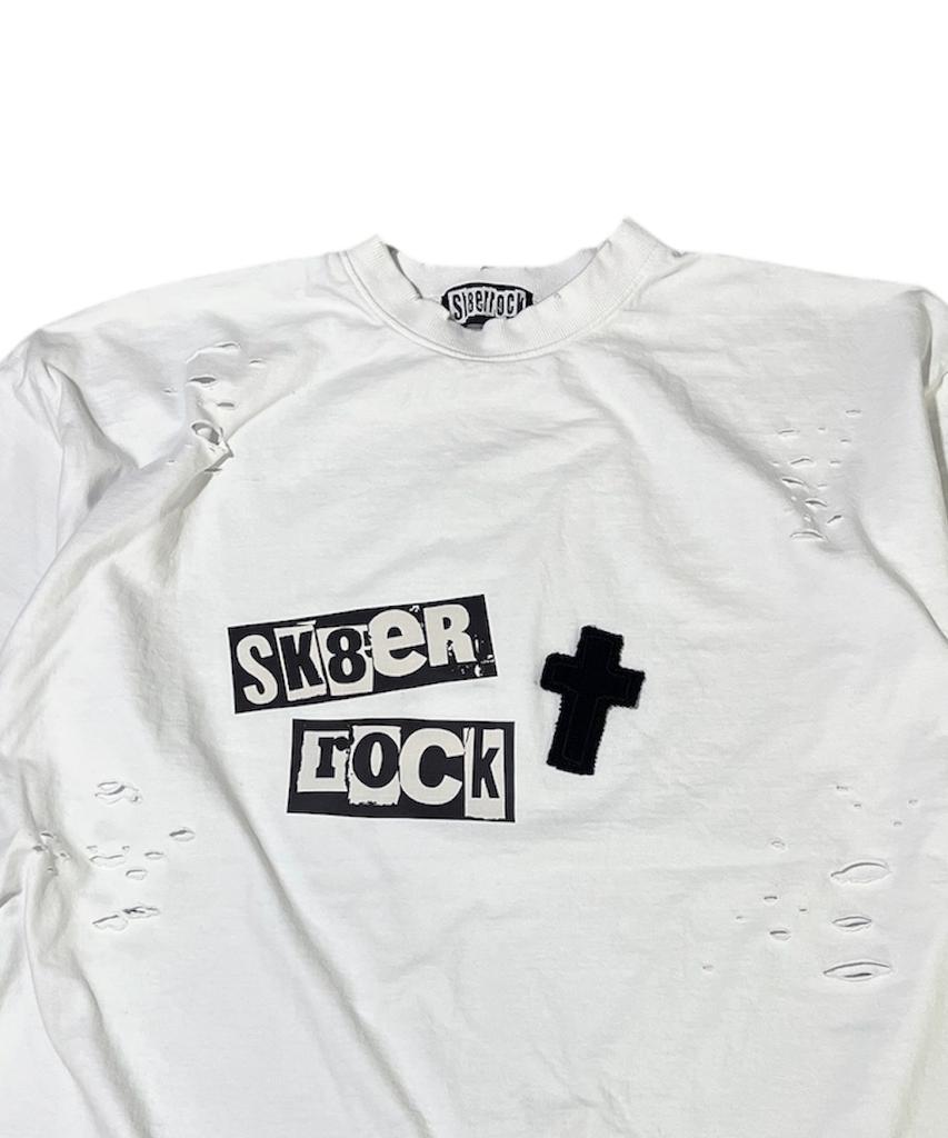 SK8ER ROCK Rock Cross Destroyed T-Shirt ((White))