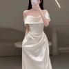 Elegant Satin One-Shoulder Engagement Dress Women's High-End Luxury Simple White Bridal Gown with Veil for Wedding And Party