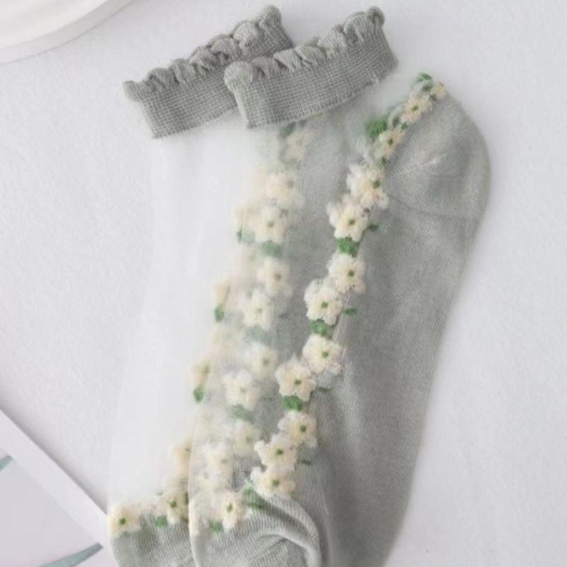 Summer Short Socks Made of Floral Glass Fiber for Women, Cute Ins Short Socks with Cotton Soles, Sweat-absorbing and Breathable Socks